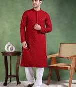 Men maroon viscose rayon solid embroidered straight kurta