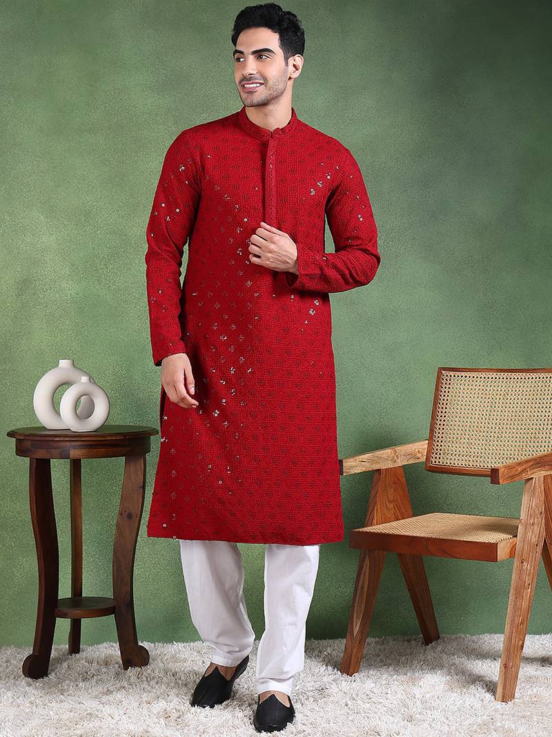 Men maroon viscose rayon solid embroidered straight kurta