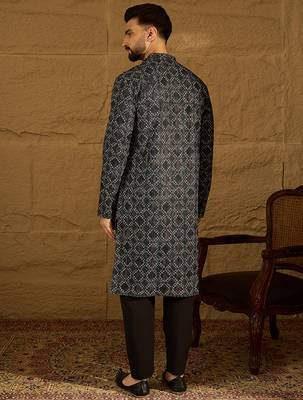 Men black cotton solid embroidered straight kurta with trouser 4