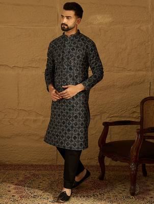 Men black cotton solid embroidered straight kurta with trouser 5
