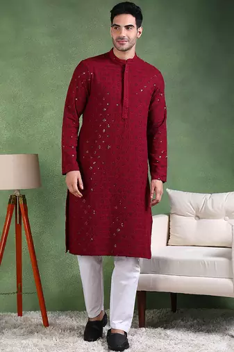 Men wine viscose rayon solid embroidered straight kurta