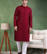 Men wine viscose rayon solid embroidered straight kurta
