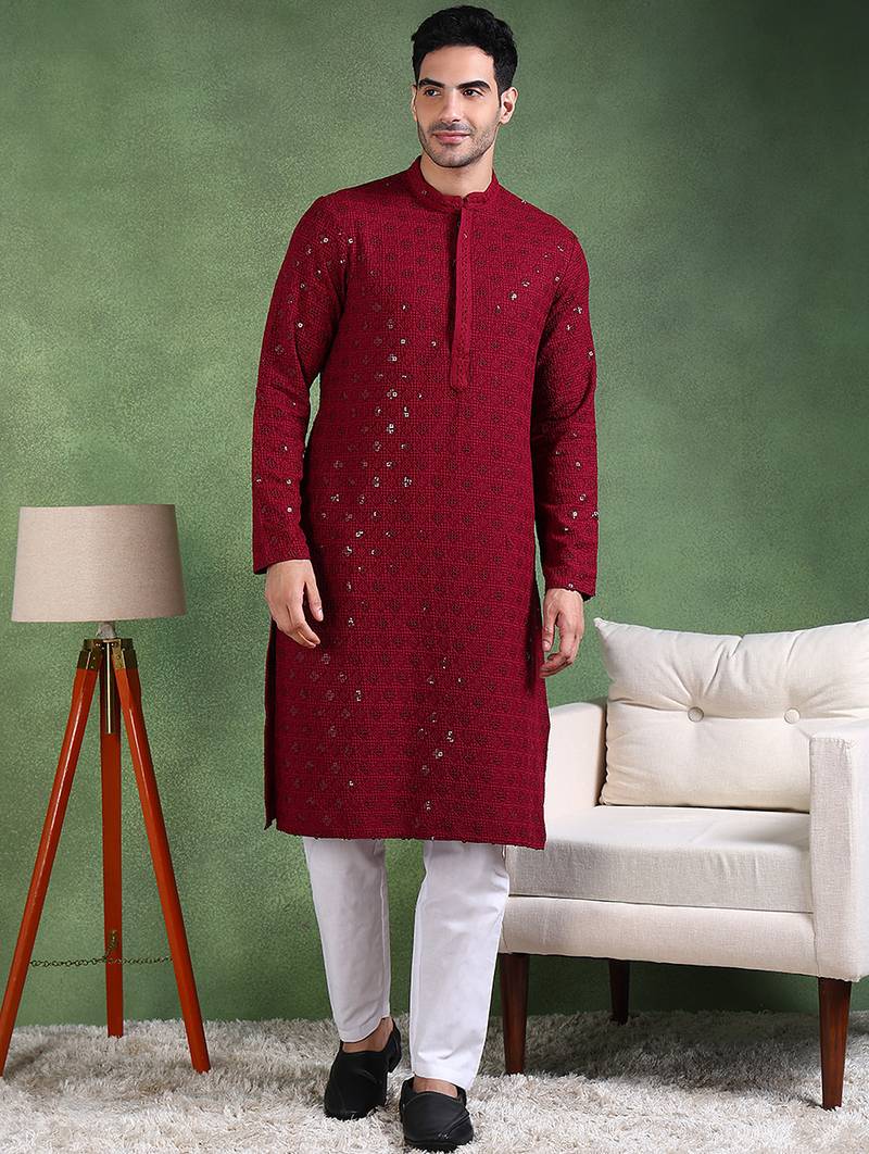 Men wine viscose rayon solid embroidered straight kurta