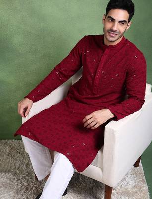 Men wine viscose rayon solid embroidered straight kurta 2