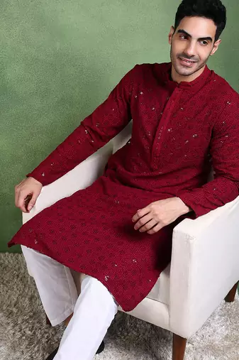 Men wine viscose rayon solid embroidered straight kurta