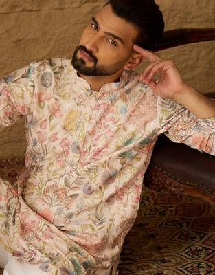 Men off white viscose rayon floral printed straight kurta with trouser 1