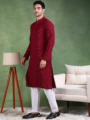 Men wine viscose rayon solid embroidered straight kurta 3