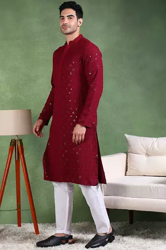 Men wine viscose rayon solid embroidered straight kurta