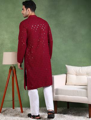 Men wine viscose rayon solid embroidered straight kurta 4