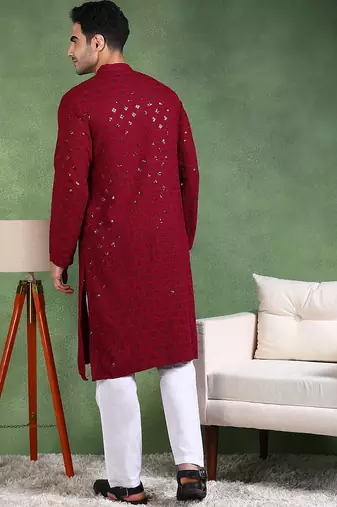 Men wine viscose rayon solid embroidered straight kurta