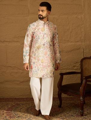 Men off white viscose rayon floral printed straight kurta with trouser 2