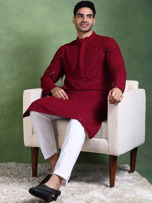 Men wine viscose rayon solid embroidered straight kurta 5