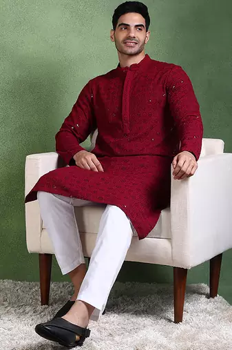 Men wine viscose rayon solid embroidered straight kurta