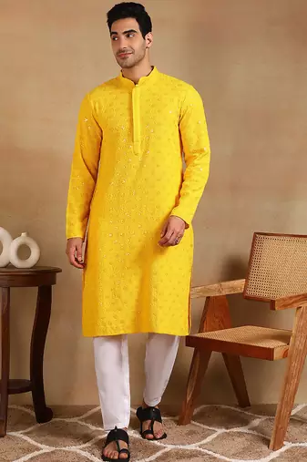 Men yellow viscose rayon solid embroidered straight kurta