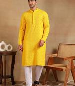 Men yellow viscose rayon solid embroidered straight kurta