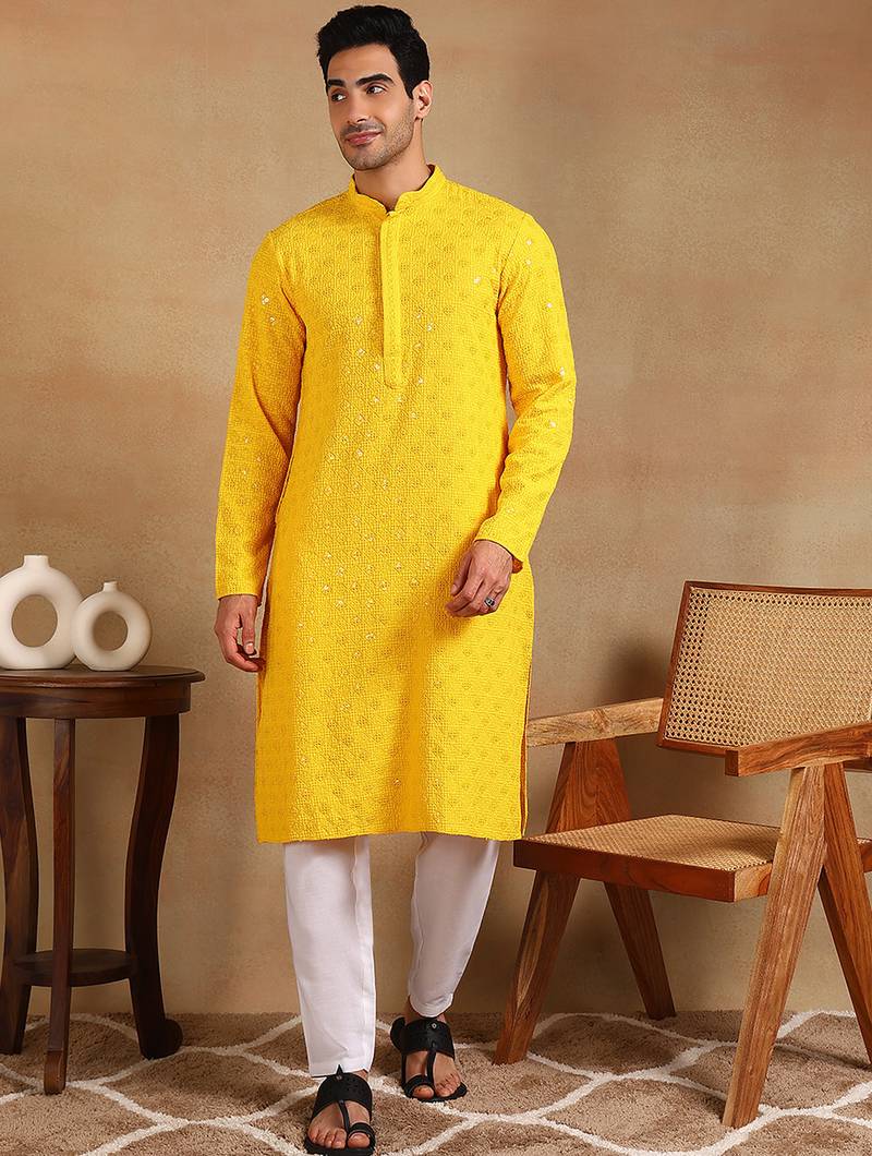 Men yellow viscose rayon solid embroidered straight kurta