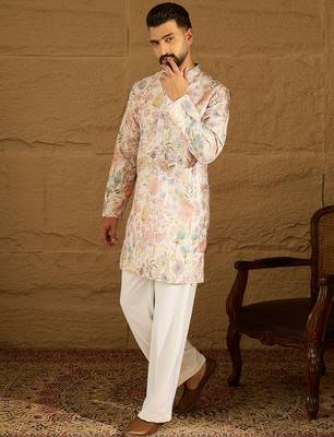 Men off white viscose rayon floral printed straight kurta with trouser 3