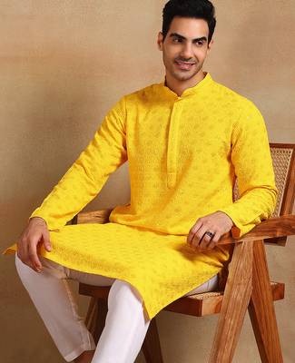 Men yellow viscose rayon solid embroidered straight kurta 2
