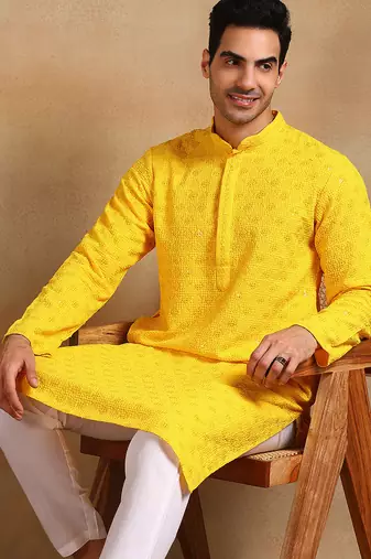 Men yellow viscose rayon solid embroidered straight kurta