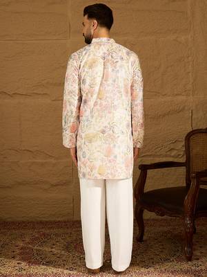 Men off white viscose rayon floral printed straight kurta with trouser 4