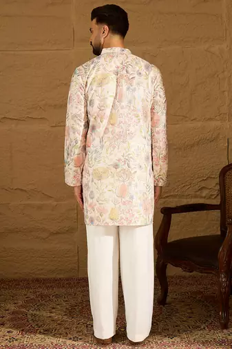 Men off white viscose rayon floral printed straight kurta with trouser
