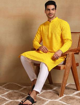 Men yellow viscose rayon solid embroidered straight kurta 3