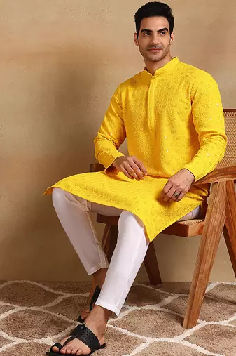 Men yellow viscose rayon solid embroidered straight kurta