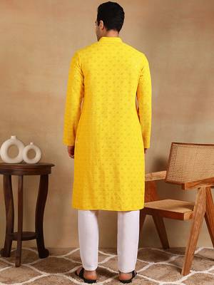 Men yellow viscose rayon solid embroidered straight kurta 4