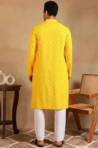 Men yellow viscose rayon solid embroidered straight kurta