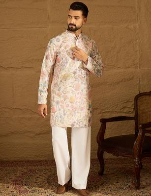 Men off white viscose rayon floral printed straight kurta with trouser 5