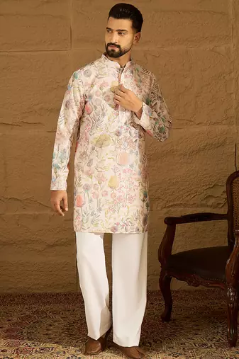 Men off white viscose rayon floral printed straight kurta with trouser