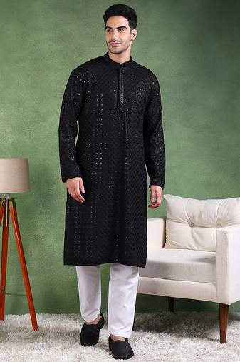 Men black viscose rayon solid embroidered straight kurta