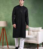 Men black viscose rayon solid embroidered straight kurta