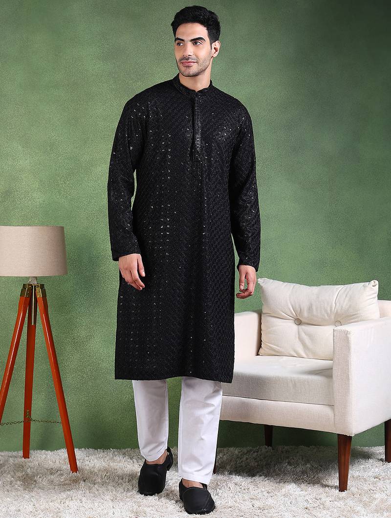 Men black viscose rayon solid embroidered straight kurta