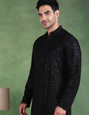 Men black viscose rayon solid embroidered straight kurta 2