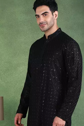 Men black viscose rayon solid embroidered straight kurta