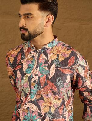 Men grey silk blend floral printed straight kurta with trouser 1