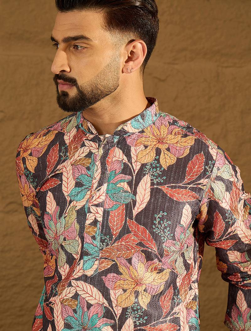 Men grey silk blend floral printed straight kurta with trouser
