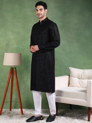 Men black viscose rayon solid embroidered straight kurta 3