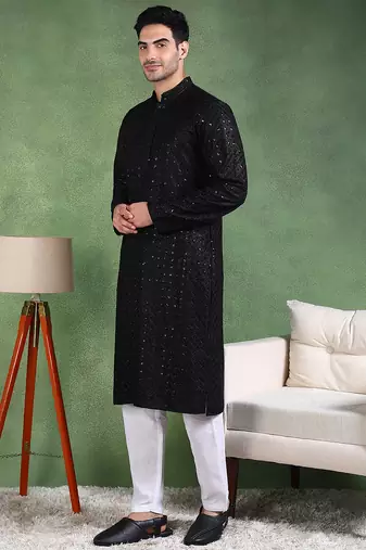 Men black viscose rayon solid embroidered straight kurta