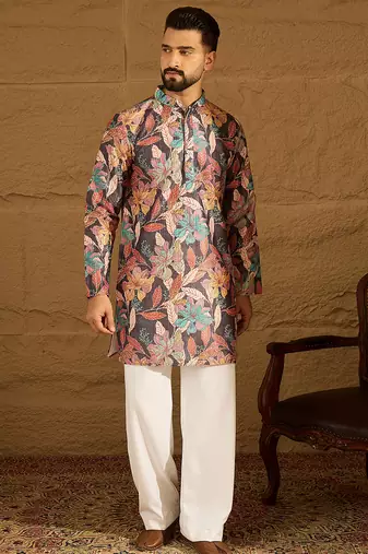 Men grey silk blend floral printed straight kurta with trouser