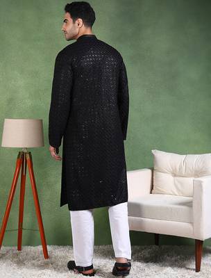 Men black viscose rayon solid embroidered straight kurta 4