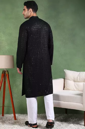 Men black viscose rayon solid embroidered straight kurta