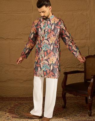 Men grey silk blend floral printed straight kurta with trouser 3