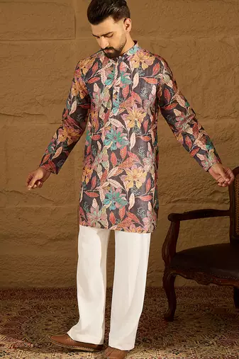 Men grey silk blend floral printed straight kurta with trouser