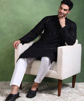 Men black viscose rayon solid embroidered straight kurta 5