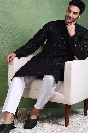 Men black viscose rayon solid embroidered straight kurta