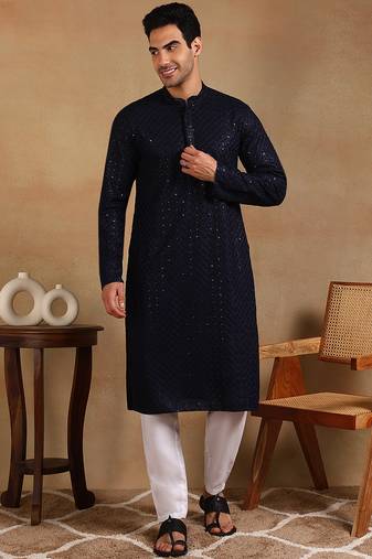 Men navy blue viscose rayon solid embroidered straight kurta