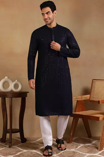 Men navy blue viscose rayon solid embroidered straight kurta