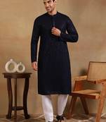 Men navy blue viscose rayon solid embroidered straight kurta